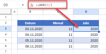 Datum in JAHR Funktion Google Sheets