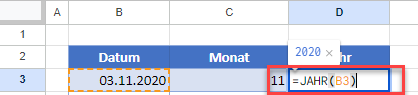 Datum in JAHR Funktion eingeben Google Sheets