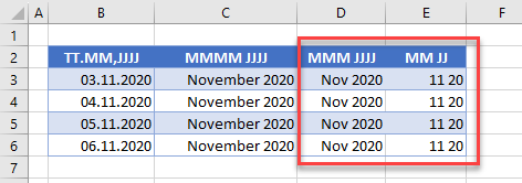 Datum in MMM JJJJ und MM JJ Format