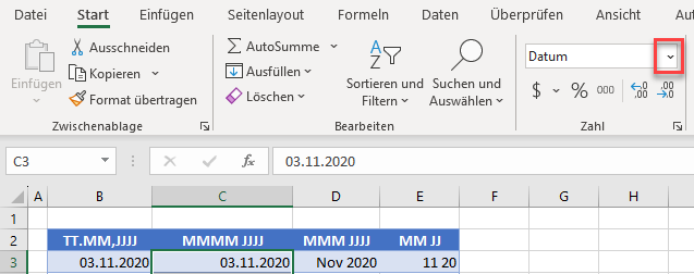 Datum in MMMM JJJJ Zahlenformat Dropdown