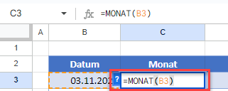 Datum in MONAT Funktion eingeben Google Sheets