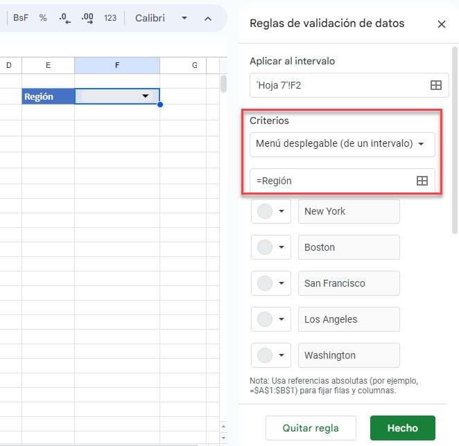 Definir Criterios de Regla de Validación en Google Sheets