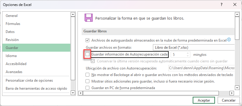 Desactivar Autorrecuperación en Excel