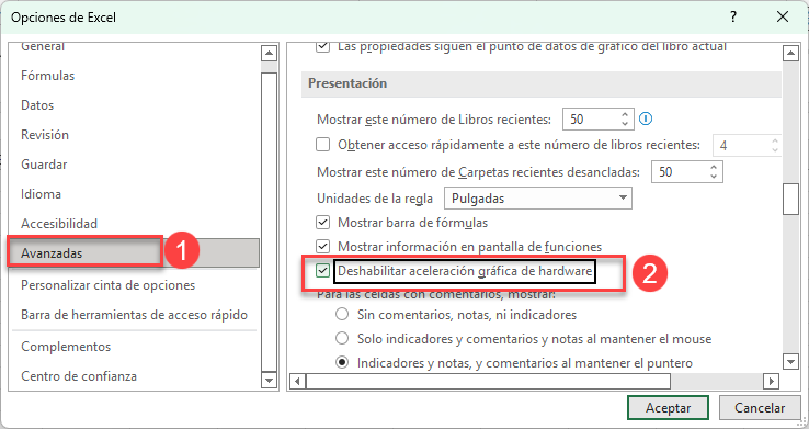 Deshabilitar Aceleración Gráfica de Hardware