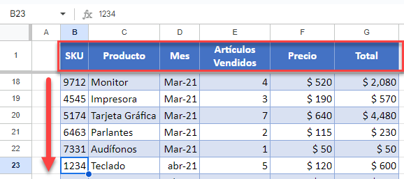 Desplazamiento Hacia Abajo con Una Fila Inmovilizada en Google Sheets