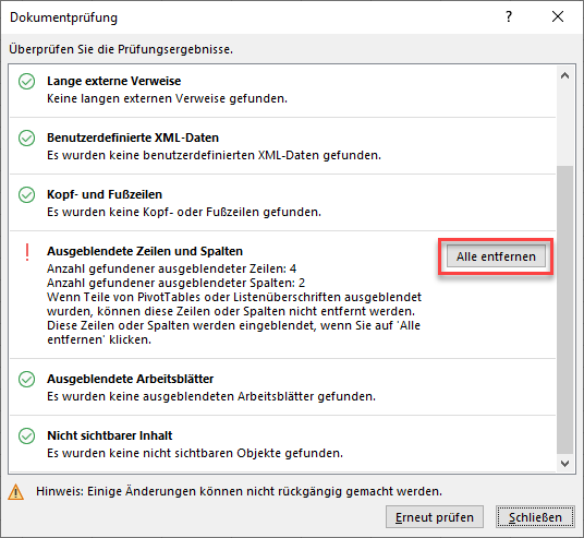 Dokumentüberprüfung Ergebnisse in Excel