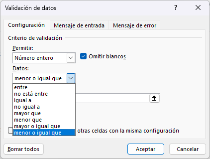 Ejemplo Validación de Datos Número Entero Menor o Igual Que