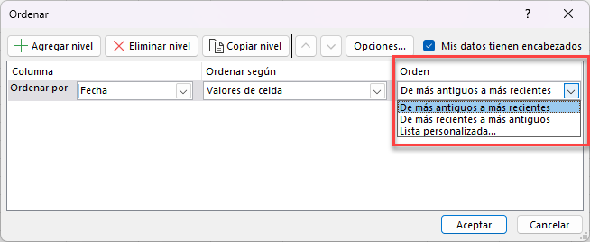 Elegir el Tipo de Orden a Colocar en la Tabla