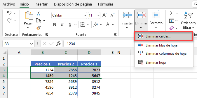 Eliminar Celdas desde Cinta de Opciones