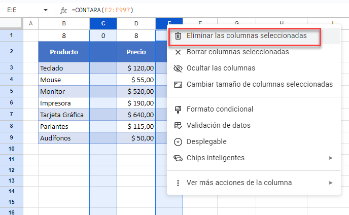 Eliminar Columnas Seleccionadas en Google Sheets