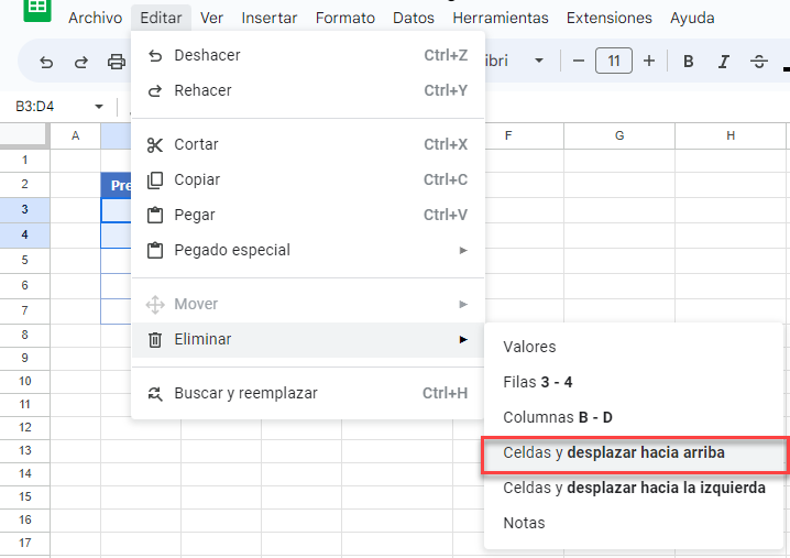 Eliminar Rango de Celdas Adyacentes Seleccionado Desde Menú en Google Sheets