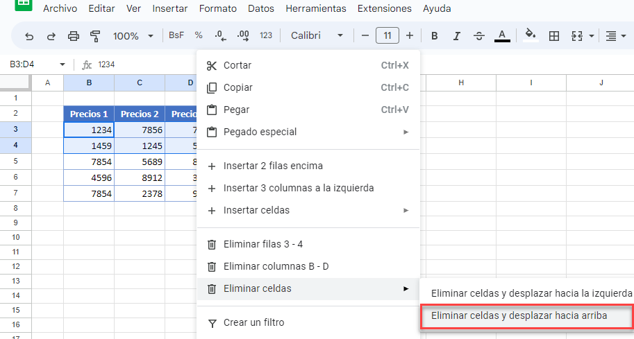 Eliminar Rango de Celdas Adyacentes Seleccionado en Google Sheets