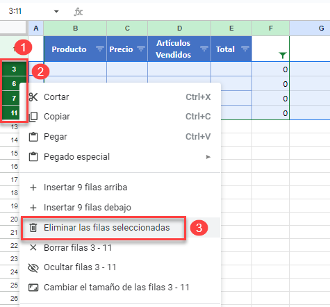 Eliminar las Filas Seleccionadas en Google Sheets