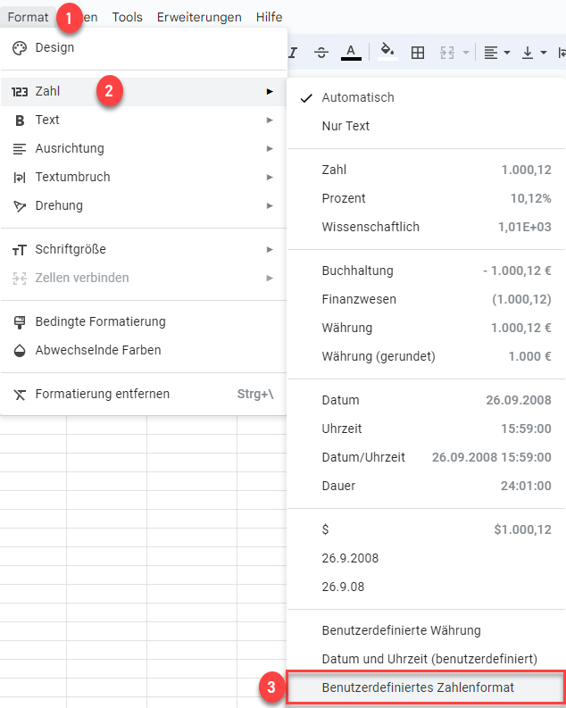 Enheiten zu Zahlen hinzufügen Schritte Google Sheets