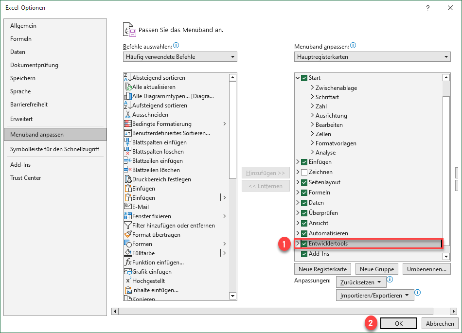 Entwicklertools zum Menueband hinzufuegen