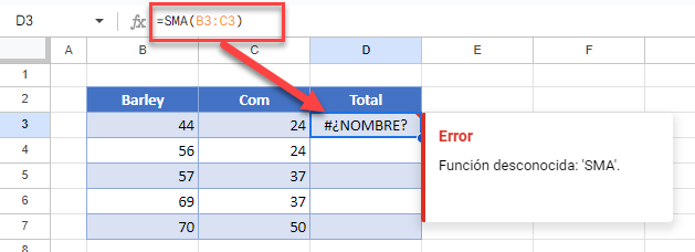 Error Nombre Función Mal Escrita en Google Sheets