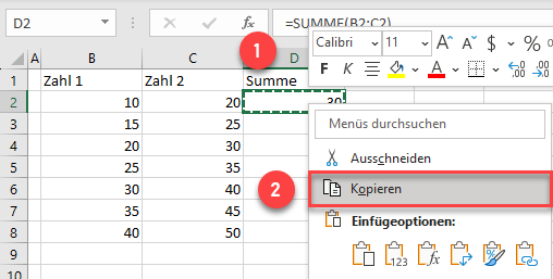 Esrte Formel in Spalte kopieren