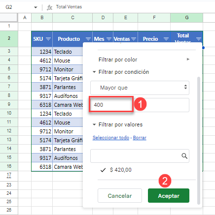 Establecer Valor de Referencia y Aceptar Filtro en Google Sheets