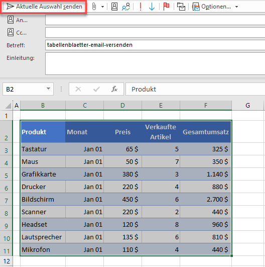 Excel Arbeitsblatt als Email Textkoerper versenden