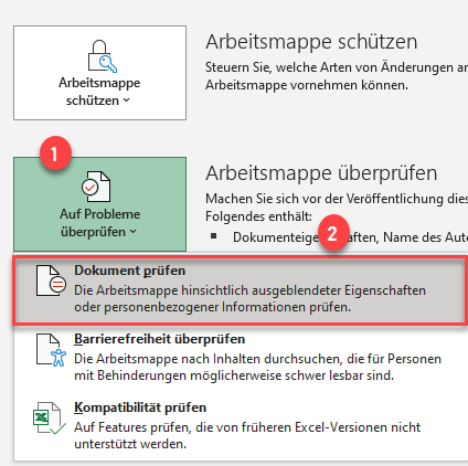 Excel Datei Informationen Dokument ueberprüfen