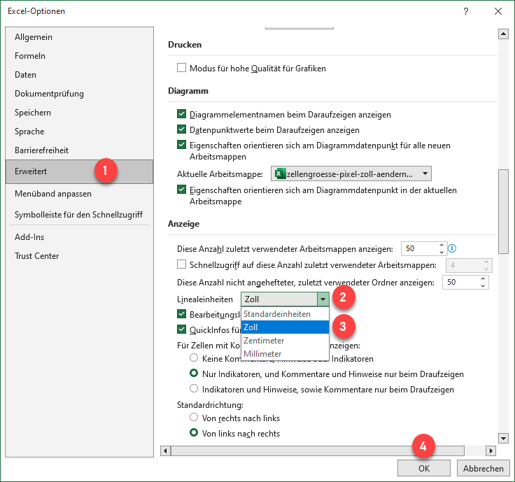 Excel Datei Optionen Linealeinheit anpassen