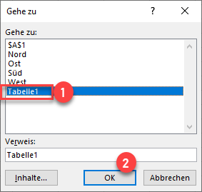 Excel Funktion Gehe zu benannten Bereich oder Tabelle