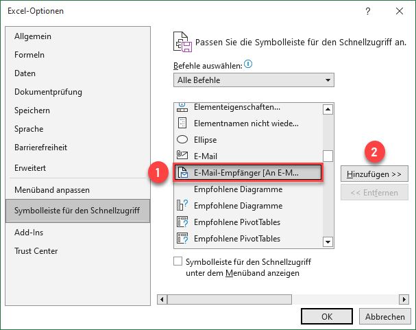 Excel Schnellzugriff Symbolleiste Befehl hinzufuegen