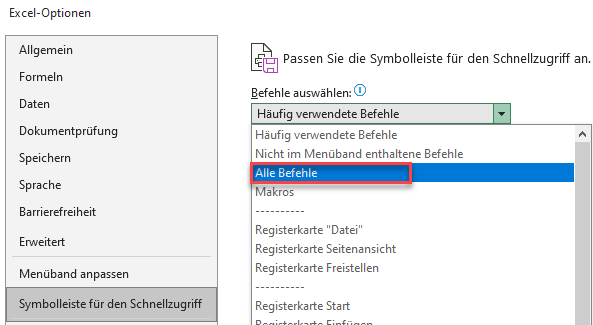 Excel Schnellzugriff Symbolleiste alle Befehle