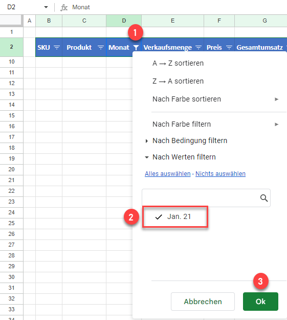 Filter entfernen Google Sheets