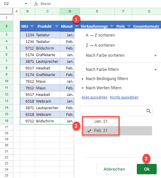 Filter ertellen Google Sheets