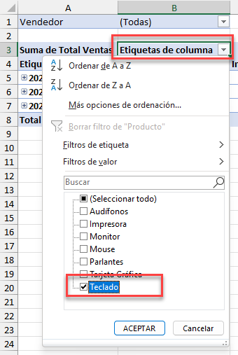 Filtrar Tabla Dinámica por Fila Columna