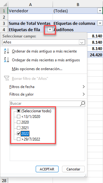 Filtrar Tabla Dinámica por Fila