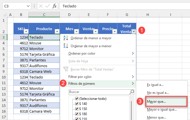 Filtrar Tabla por Números Mayor Que en Columna G