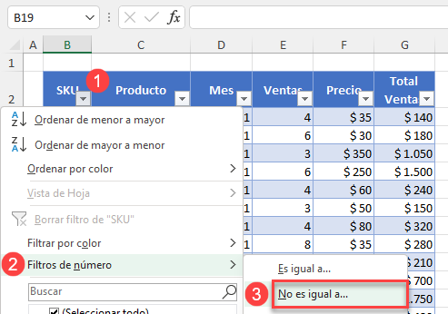 Filtrar Tabla por Números No Iguales A