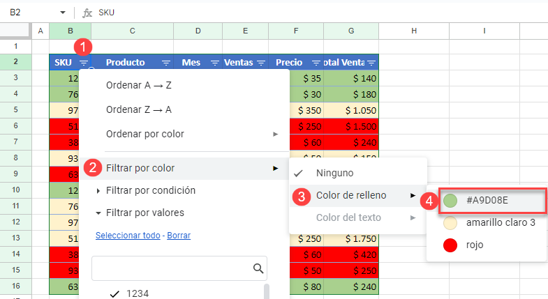 Filtrar por Color de Relleno en Google Sheets