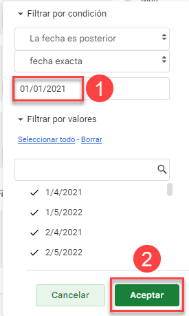 Filtrar por Condición Fecha es Posterior a Fecha Exacta en Google Sheets