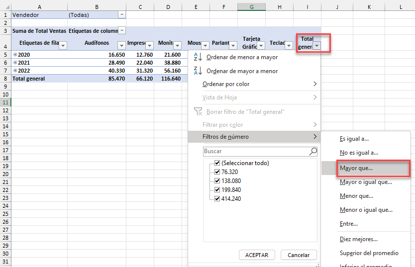 Filtrar por Mayor que del Gran Total