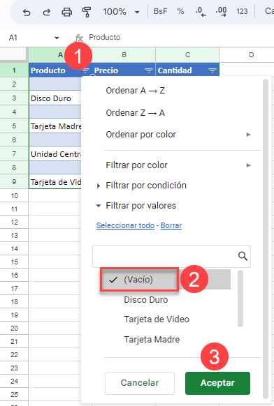 Filtrar por Valores Vacío en Google Sheets