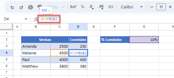 Fórmula con Referencia Absoluta en Google Sheets