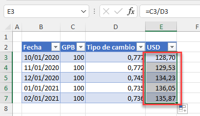 Fórmula de Dividir Una Columna con Referencias de Celda Copiada