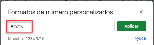 Fracciones Formato de Número Personalizado en Google Sheets