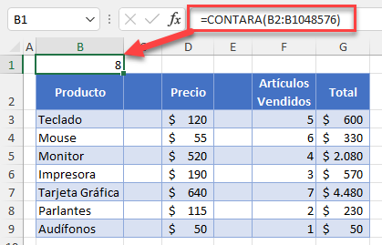 Función Contara para Contar Celdas con Valores