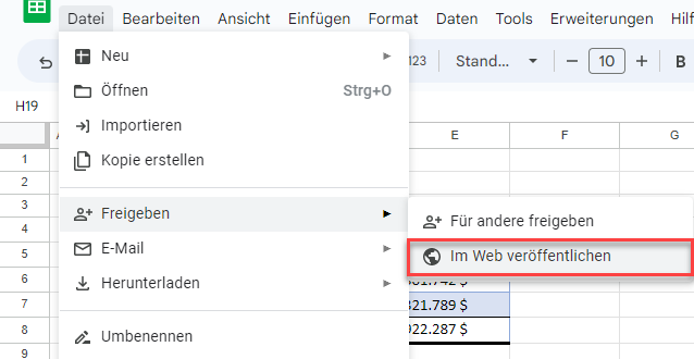 Googe Sheets Tabelle im Web veroeffentlichen