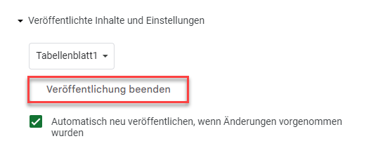 Googe Sheets Tabellenblatt Veroeffentlichung beenden