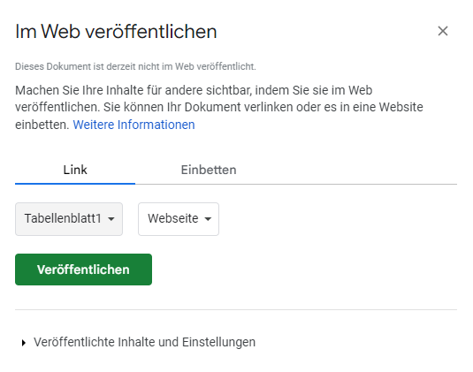 Googe Sheets Tabellenblatt im Web link