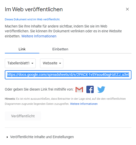 Googe Sheets Tabellenblatt im Web veroeffentlicht