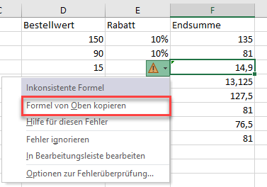 Gruenes Dreieck bei inkonsistenter Formel