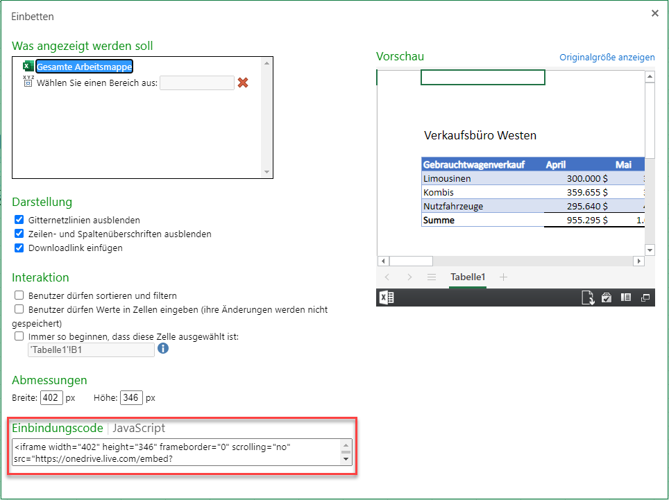 HTML Code fuer Excel Tabelle