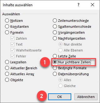 Inhalte auswaehlen Option Nur sichtbare Zellen