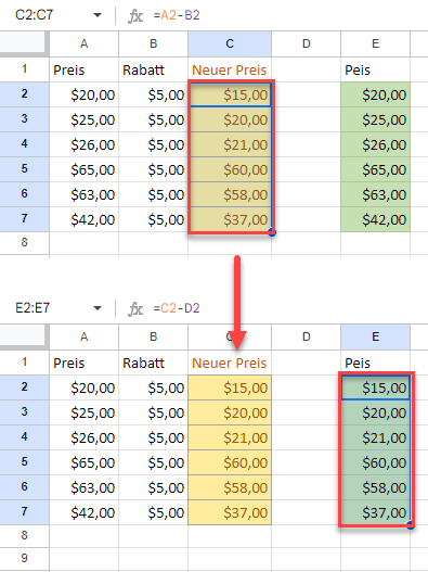 Inhalte einfuegen Option Formeln Ergebnis Google Sheets